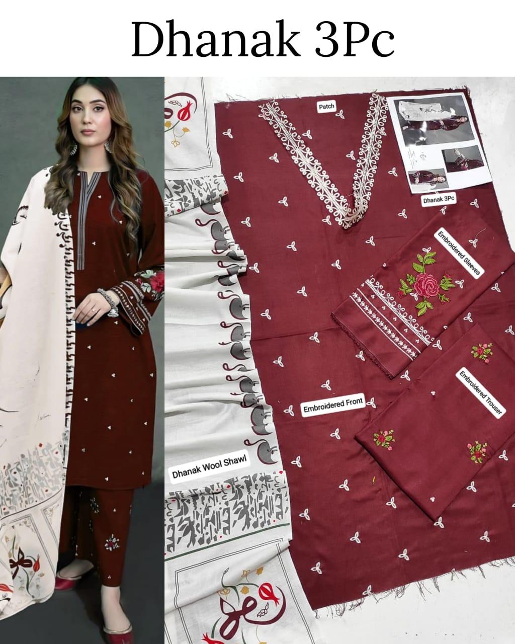 3Pc Unstitched - Embroidered Winter Dhanak with Shawl
