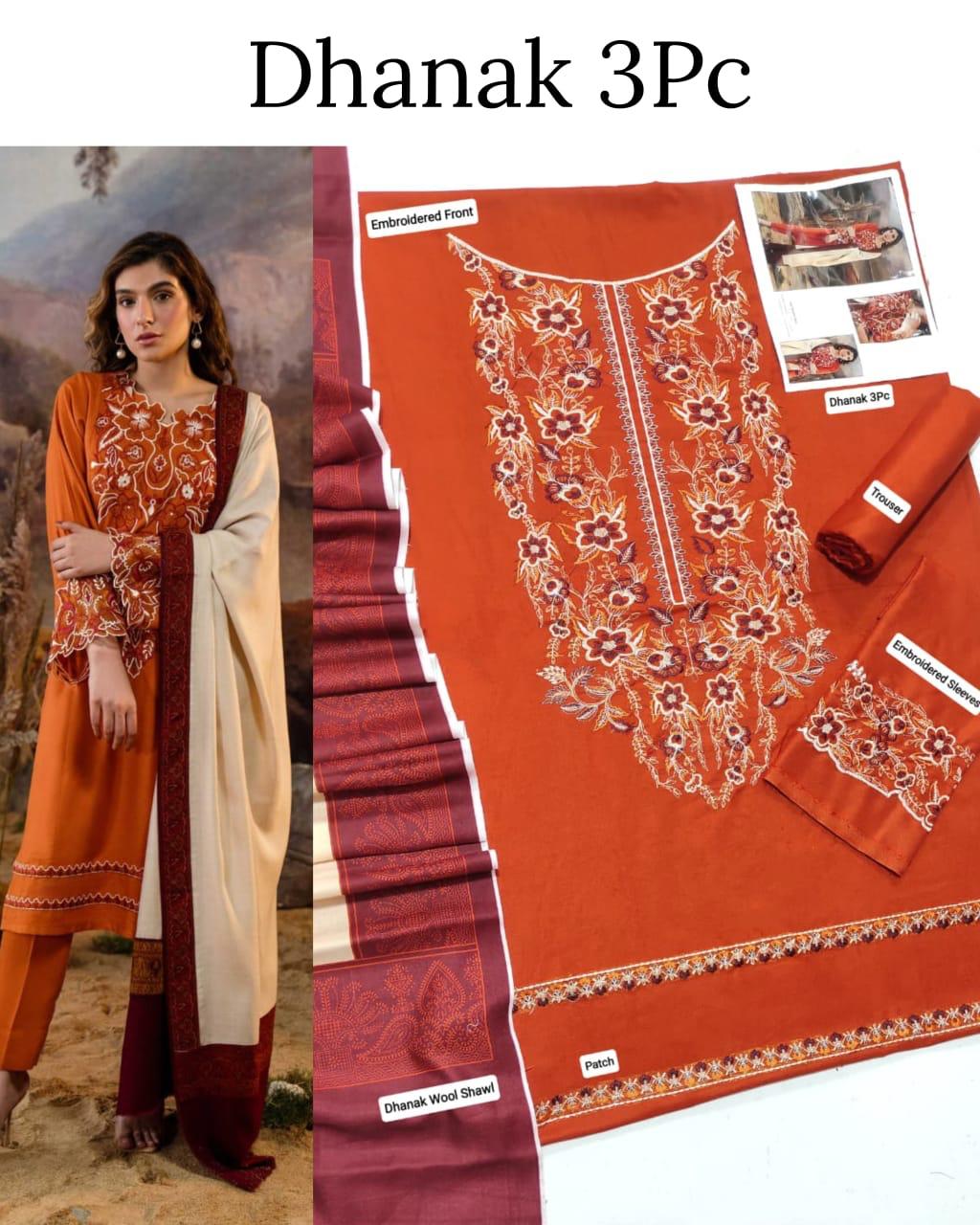 3Pc Unstitched - Embroidered Winter Dhanak with Shawl